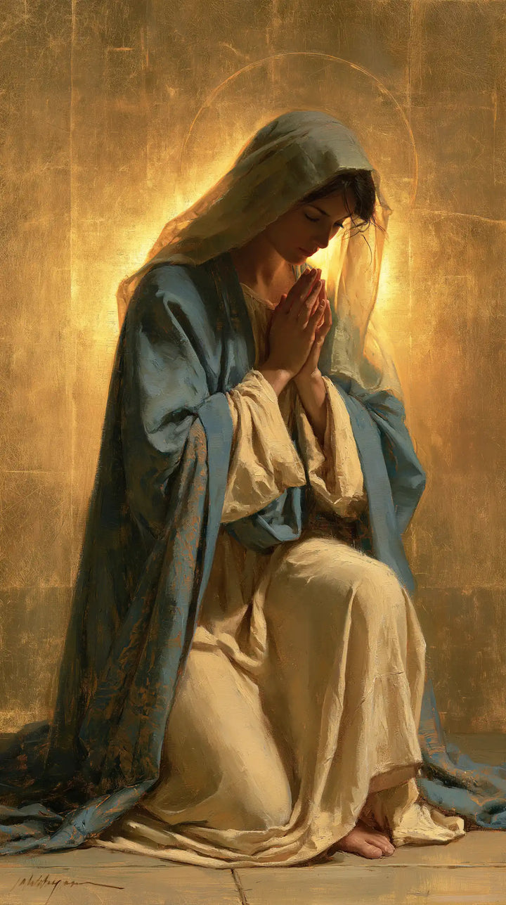Virgin Mary in Prayer — Blue-Green within the Glowing Circle