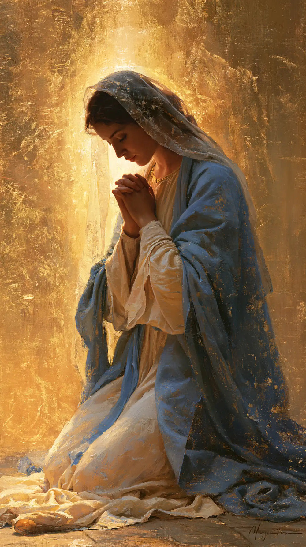 the Virgin Mary in prayer in Sacred Gold style, portrait Christian artwork no. 18