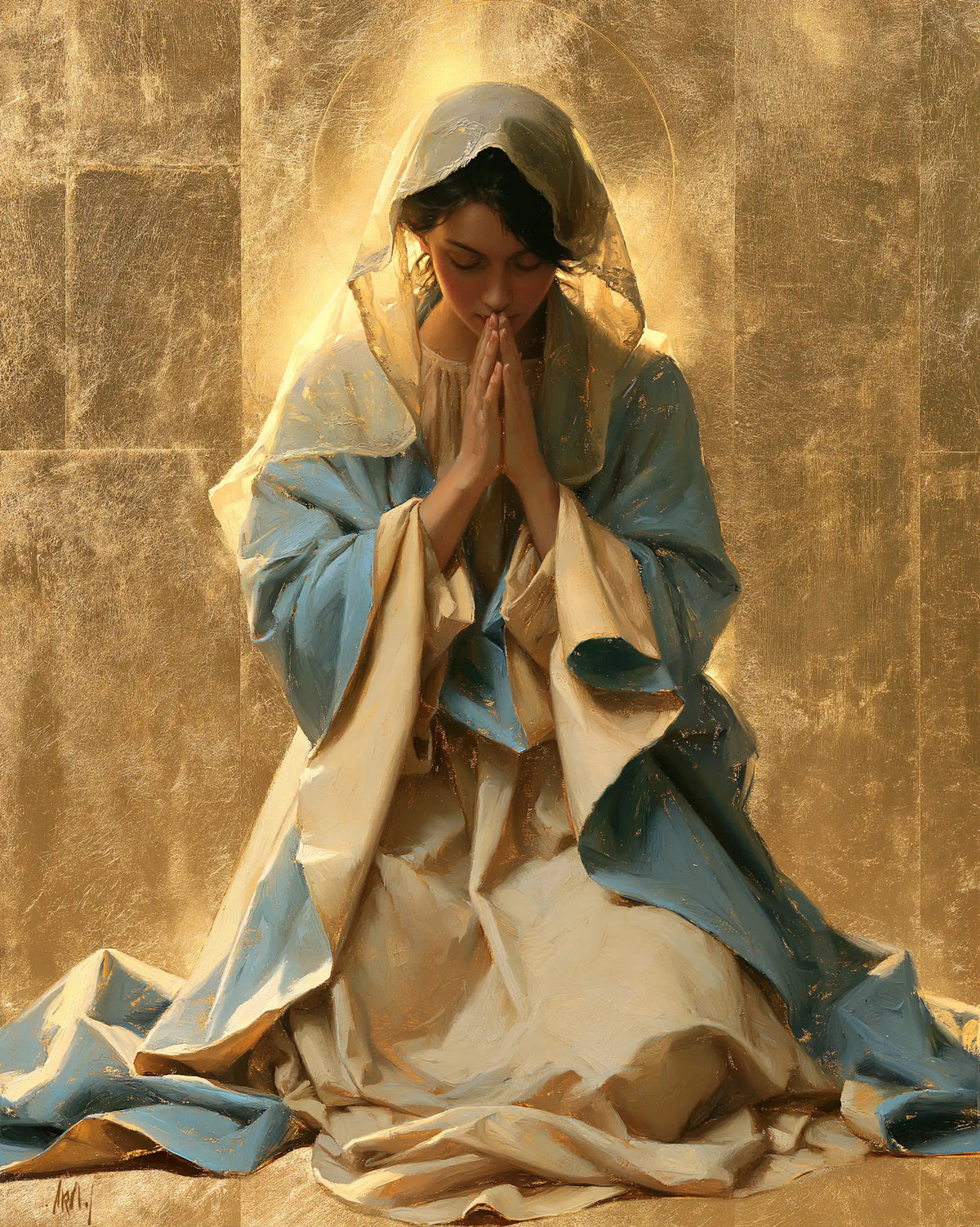 Virgin Mary in Prayer — Palms within the Turquoise Cloak