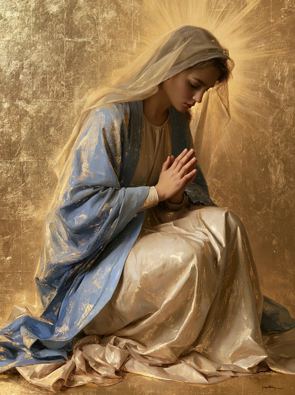 Virgin Mary in Prayer — The Quiet Radiance of the Sand-Coloured Veil