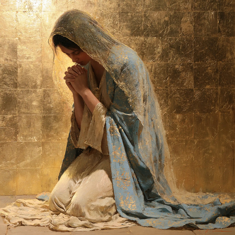 the Virgin Mary in prayer in Sacred Gold style, square Christian artwork no. 4