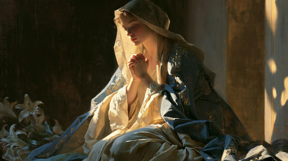 the Virgin Mary in prayer in Symbolist style, landscape Christian artwork no. 11