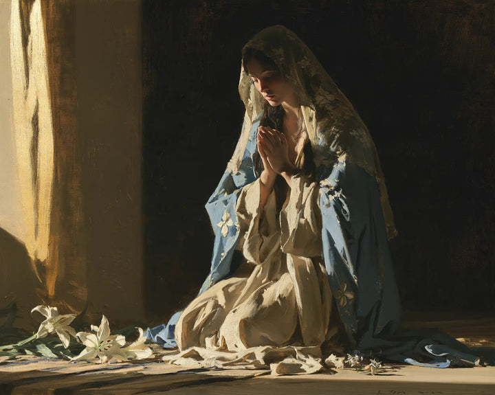 Virgin Mary in Prayer — Prayer before the Shadowed Threshold