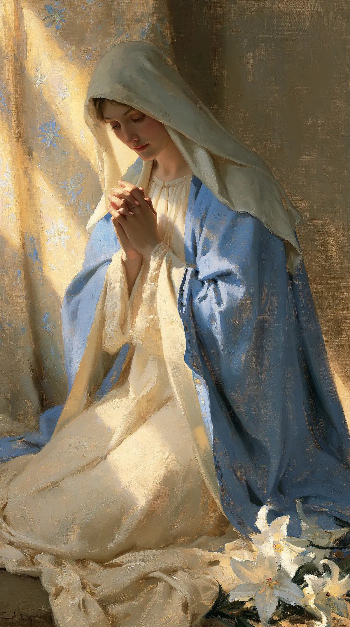 Virgin Mary in Prayer — Pale Blue beside the Open Lily