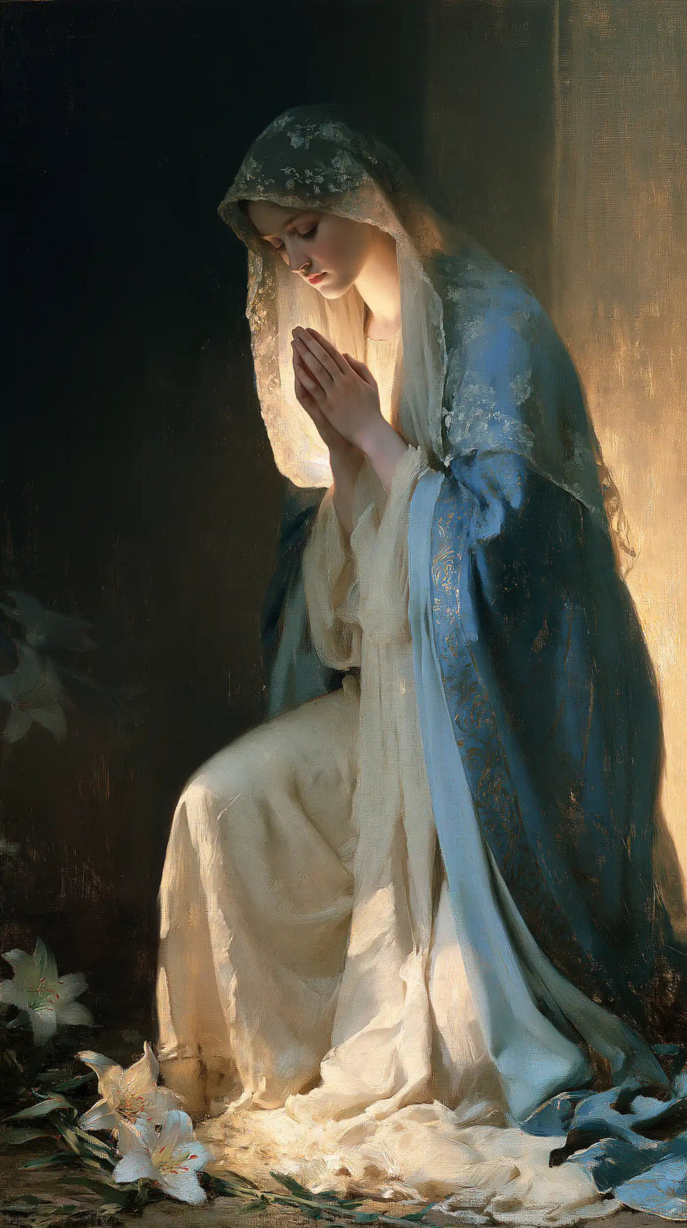 the Virgin Mary in prayer in Symbolist style, portrait Christian artwork no. 26