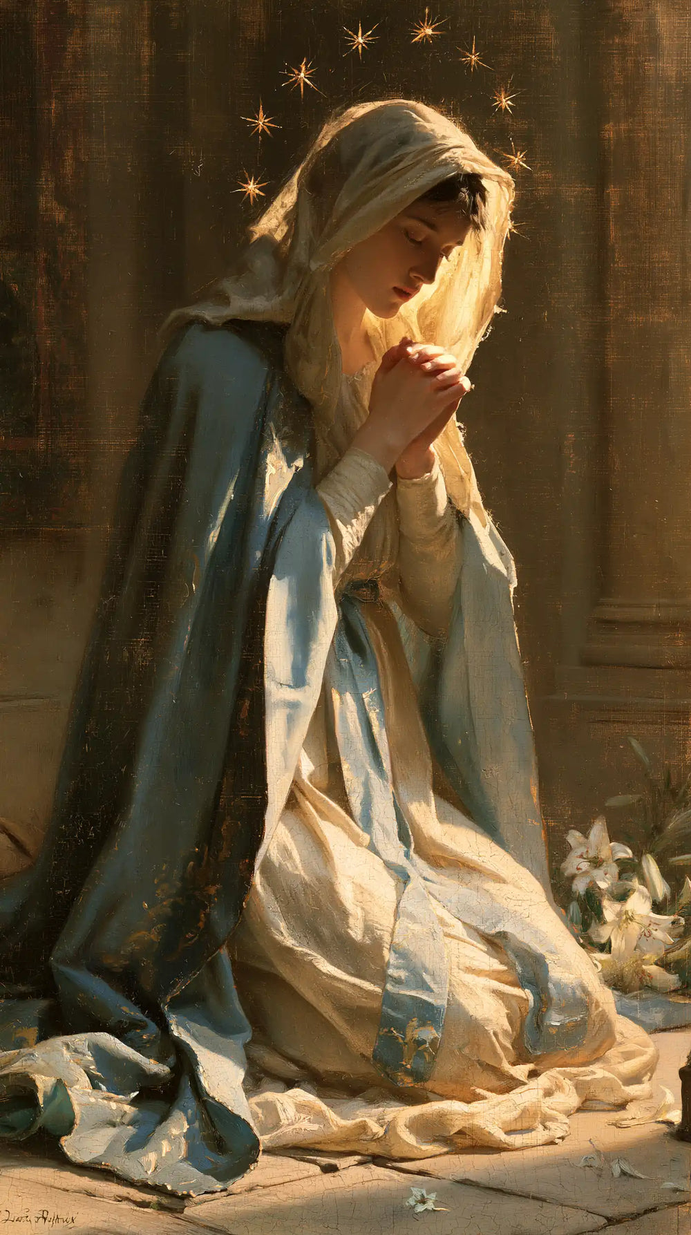 the Virgin Mary in prayer in Symbolist style, portrait Christian artwork no. 30