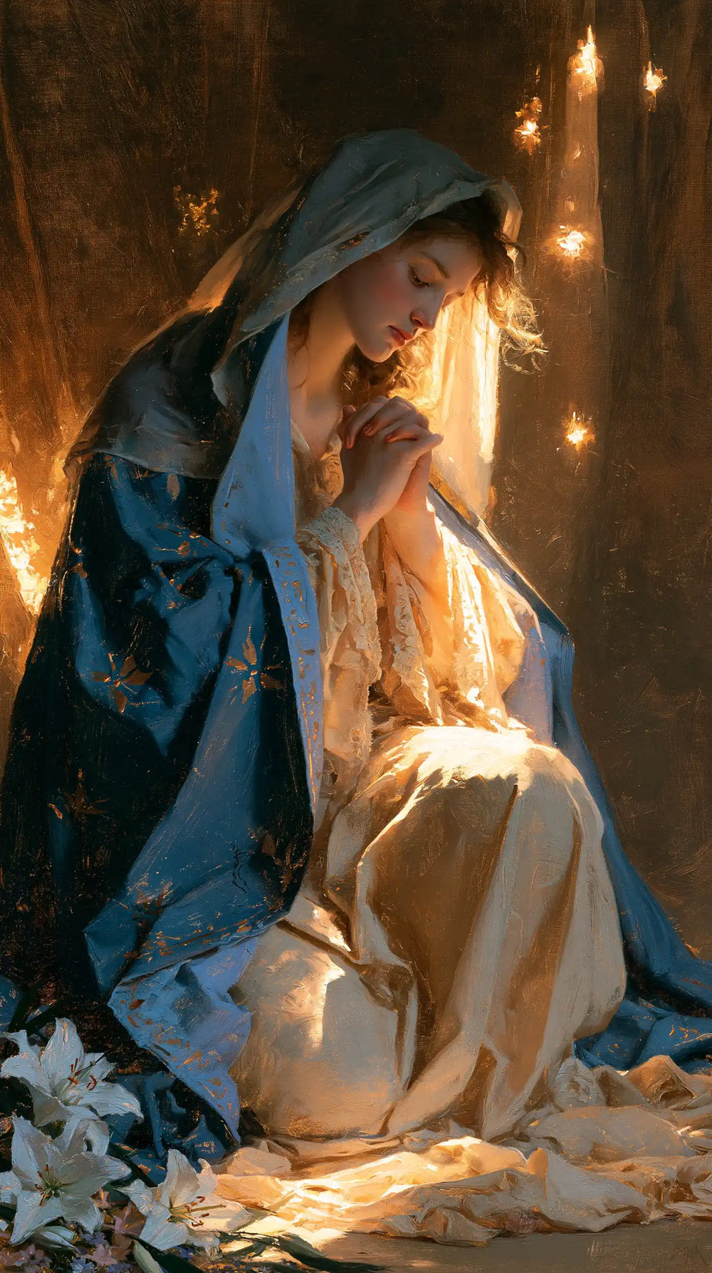 the Virgin Mary in prayer in Symbolist style, portrait Christian artwork no. 34