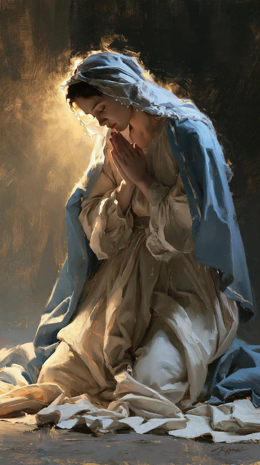 the Virgin Mary in prayer in Theatrical Baroque style, portrait Christian artwork no. 1