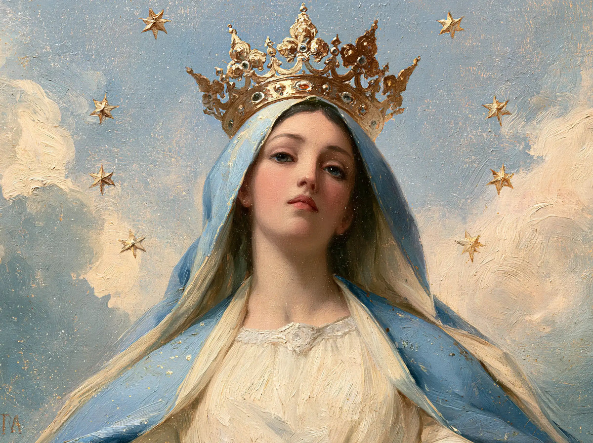 Mary with the heavenly crown as the central symbol in The Crown as Central Symbol style, landscape Christian artwork no. 6