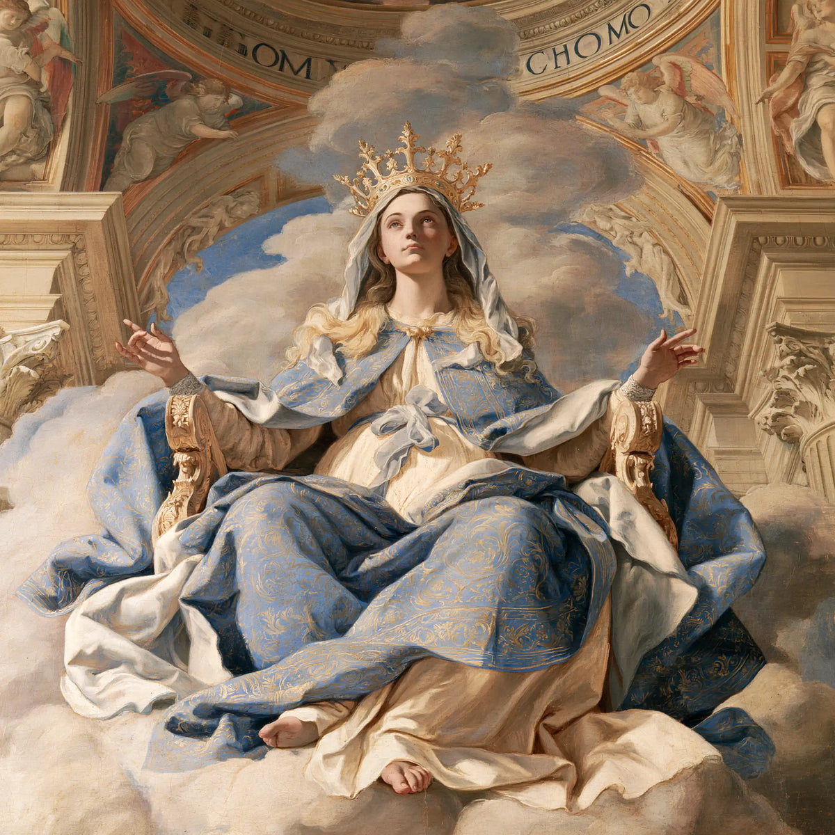 Mary crowned as Queen of Heaven in Florentine Renaissance style in Florentine Renaissance style, square Christian artwork no. 15