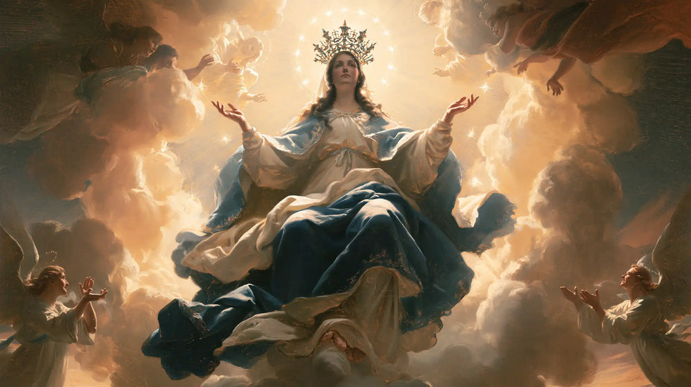 Mary glorified as Queen of Heaven in Heavenly Glory style, landscape Christian artwork no. 14