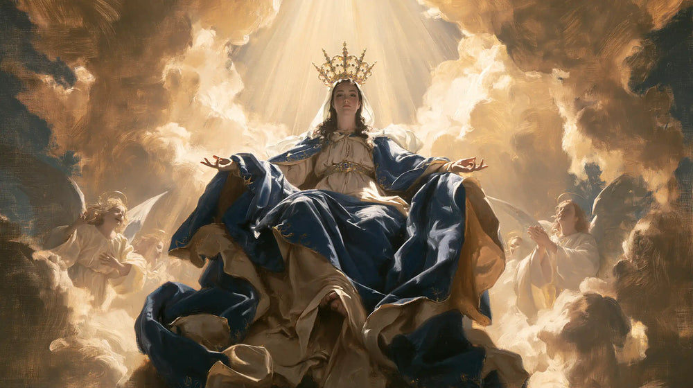 Mary glorified as Queen of Heaven in Heavenly Glory style, landscape Christian artwork no. 16