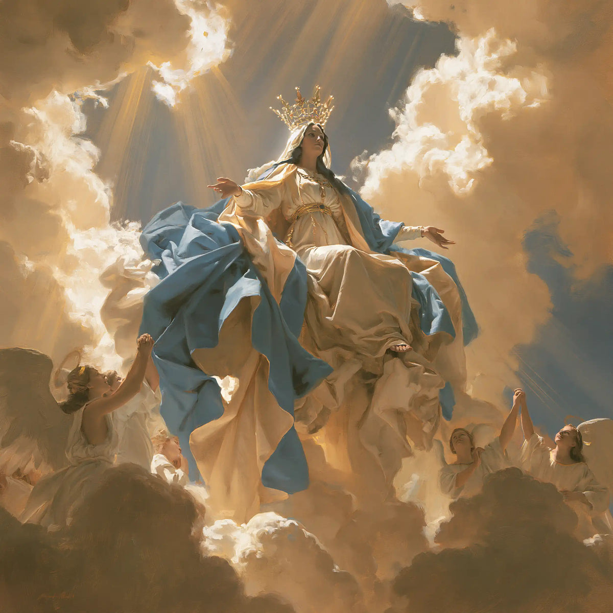 Mary glorified as Queen of Heaven in Heavenly Glory style, square Christian artwork no. 7