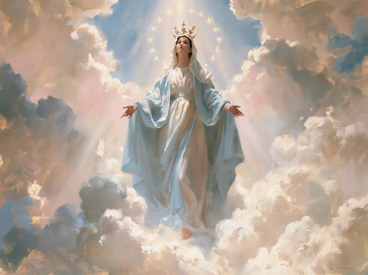 Mary as Queen of Heaven in an impressionist atmosphere in Impressionist style, landscape Christian artwork no. 9