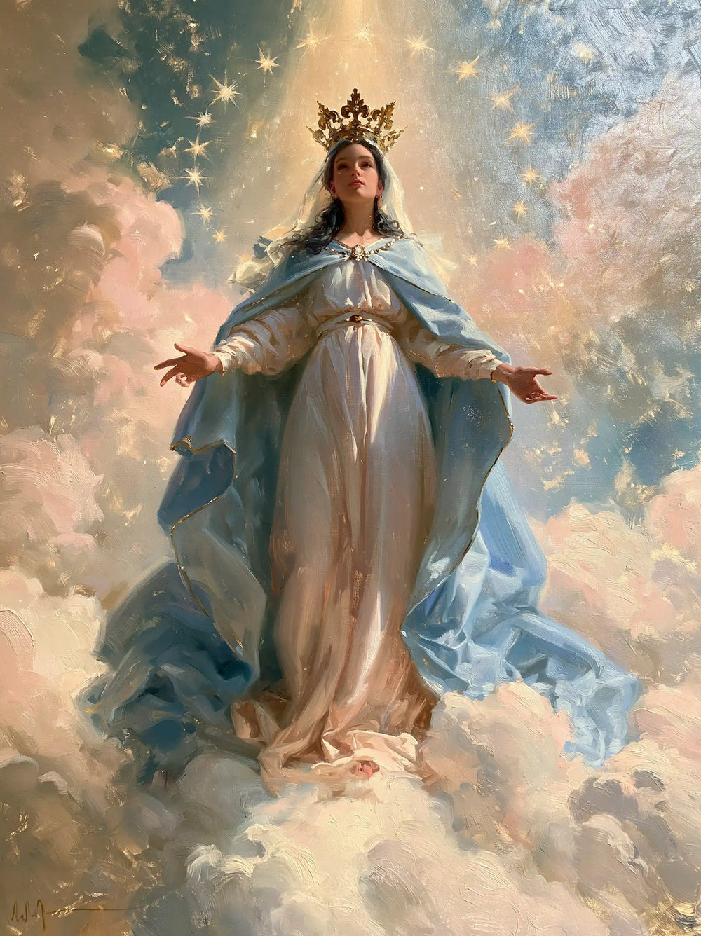 Mary as Queen of Heaven in an impressionist atmosphere in Impressionist style, portrait Christian artwork no. 36