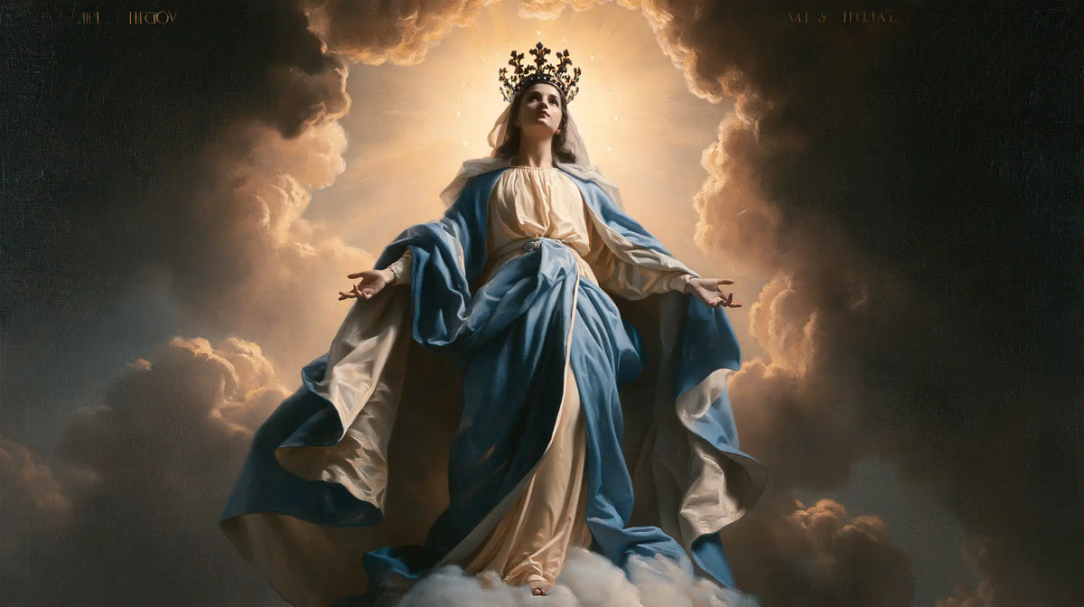 Mary as Queen of Heaven surrounded by divine light in Mary as Divine Light style, landscape Christian artwork no. 9