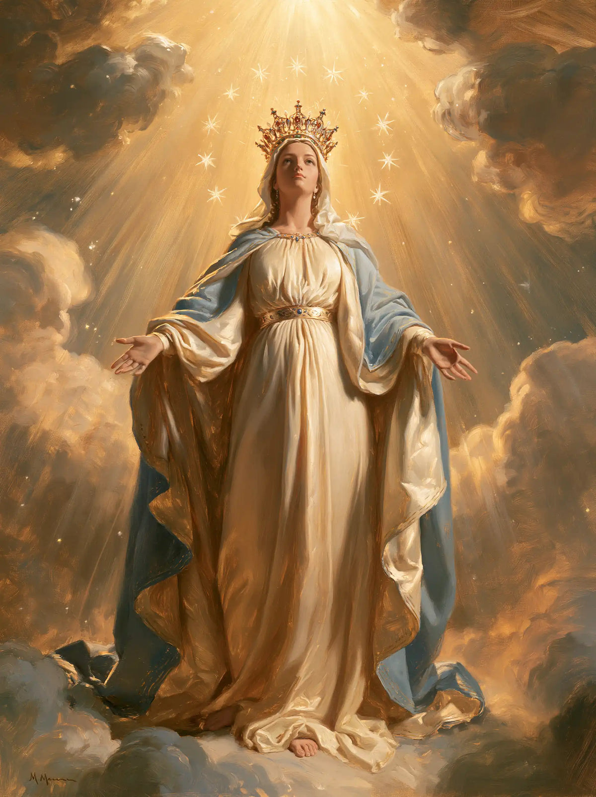 Mary, Queen of Heaven — The Golden Robe Beneath the Fan-Shaped Diadem