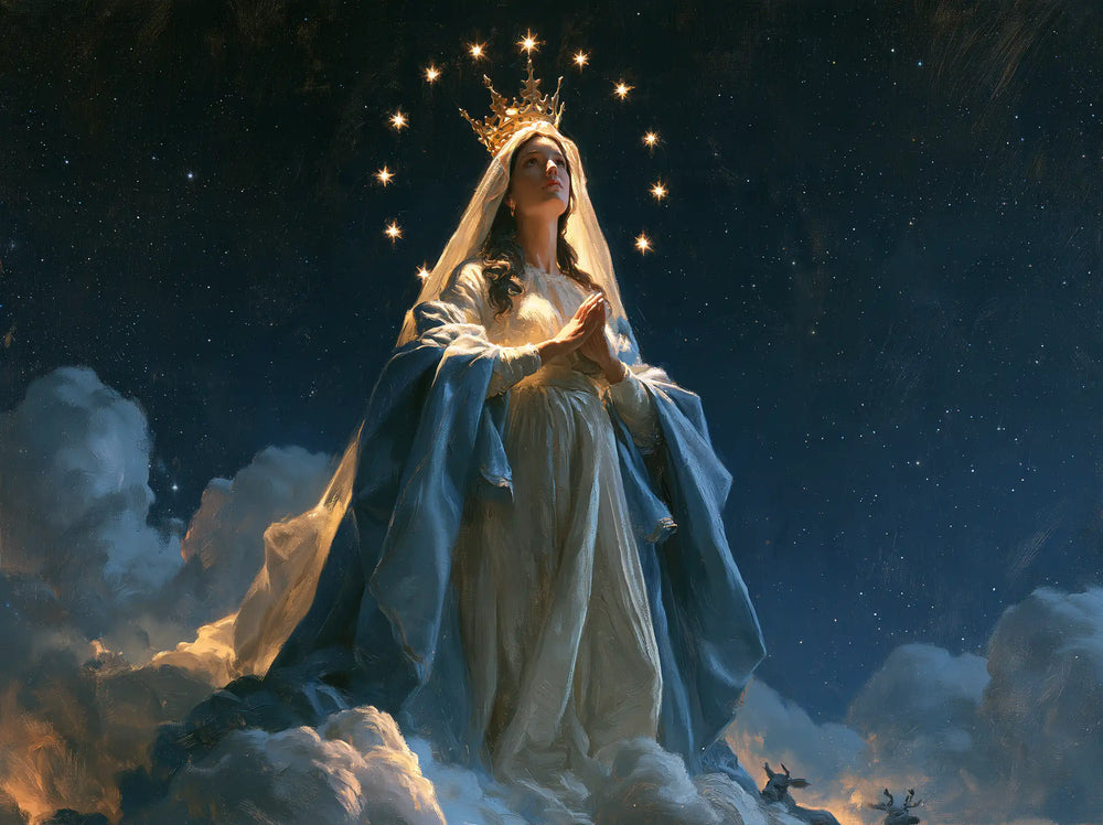 Mary as Queen of Heaven in midnight-blue chiaroscuro in Midnight Blue Chiaroscuro style, landscape Christian artwork no. 4