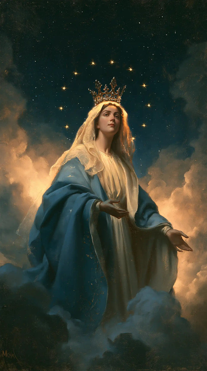 Mary, Queen of Heaven — Blue Fabrics Before the Clouds’ Glow
