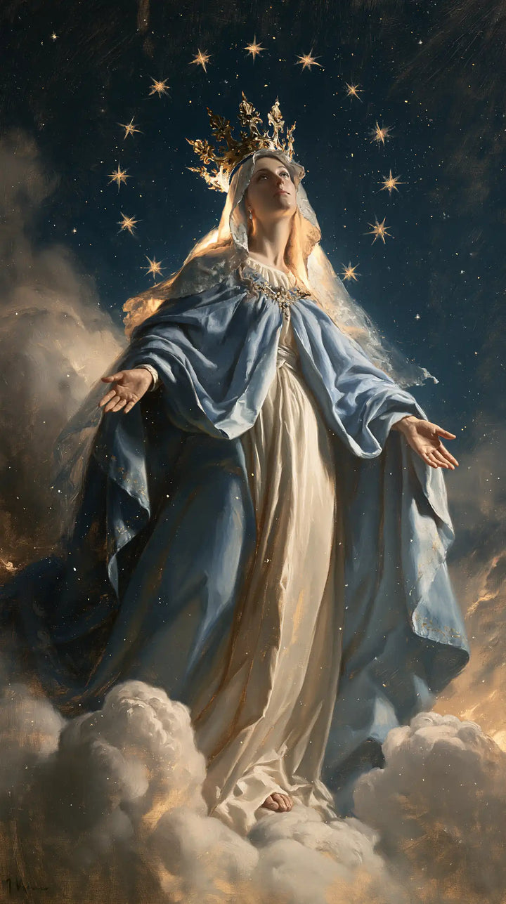Mary, Queen of Heaven — The High Gaze in the Night of Silver Folds