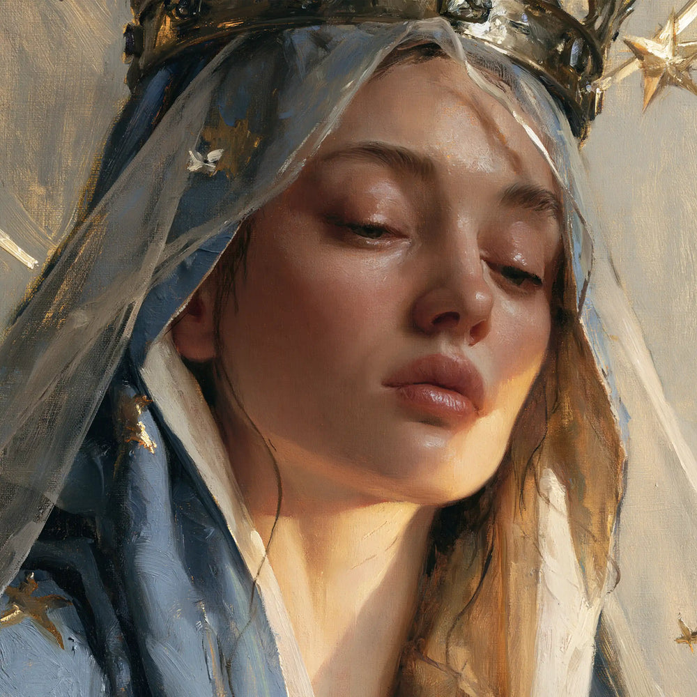 a close portrait of Mary as Queen of Heaven in Psychological Close-Up style, square Christian artwork no. 4