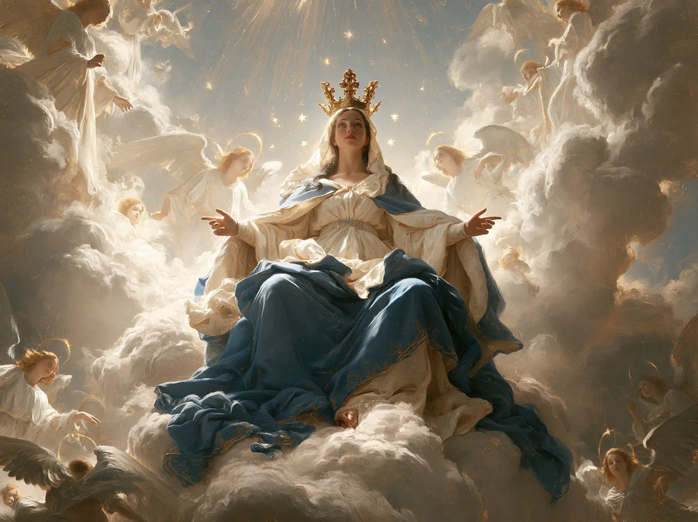 Mary as Queen of Heaven in a monumental sacred view in Sacred Monumental View style, landscape Christian artwork no. 3