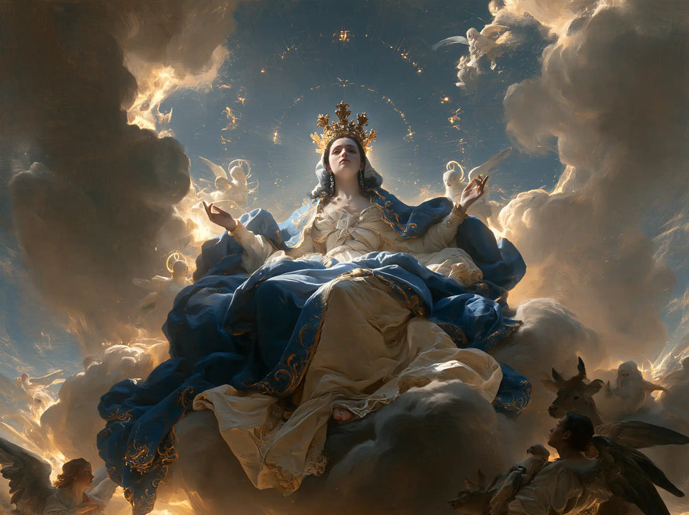 Mary as Queen of Heaven in a monumental sacred view in Sacred Monumental View style, landscape Christian artwork no. 7