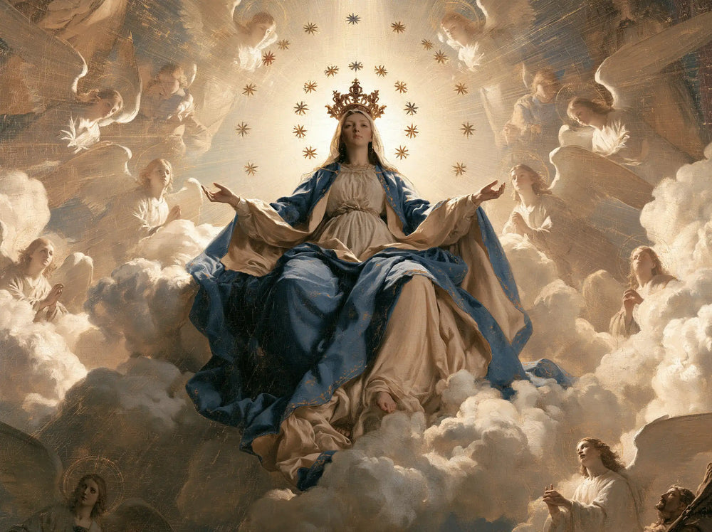 Mary as Queen of Heaven in a monumental sacred view in Sacred Monumental View style, landscape Christian artwork no. 9