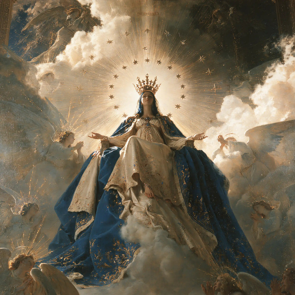 Mary as Queen of Heaven in a monumental sacred view in Sacred Monumental View style, square Christian artwork no. 3