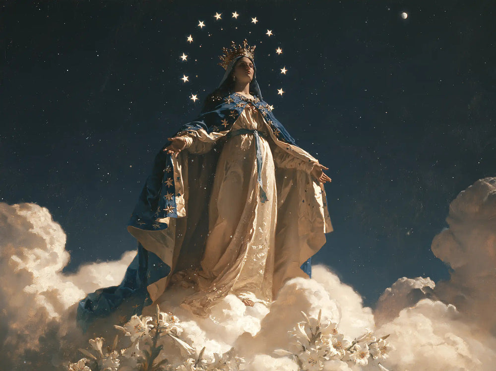 Mary as Queen of Heaven in a symbolist composition in Symbolist style, landscape Christian artwork no. 5