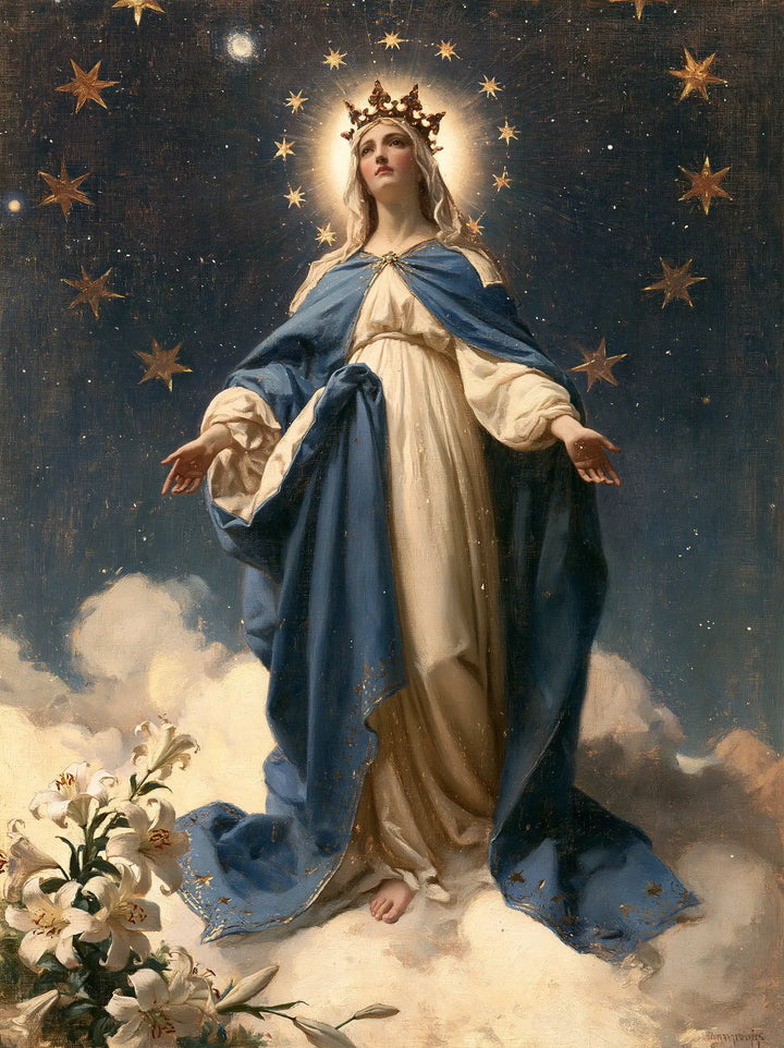 Mary, Queen of Heaven — The Copper Circle Above the Lilies