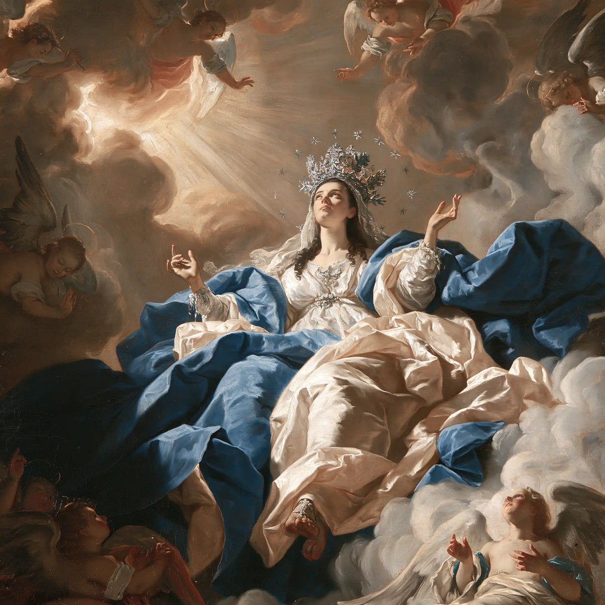 Mary enthroned as Queen of Heaven in a theatrical Baroque scene in Theatrical Baroque style, square Christian artwork no. 1