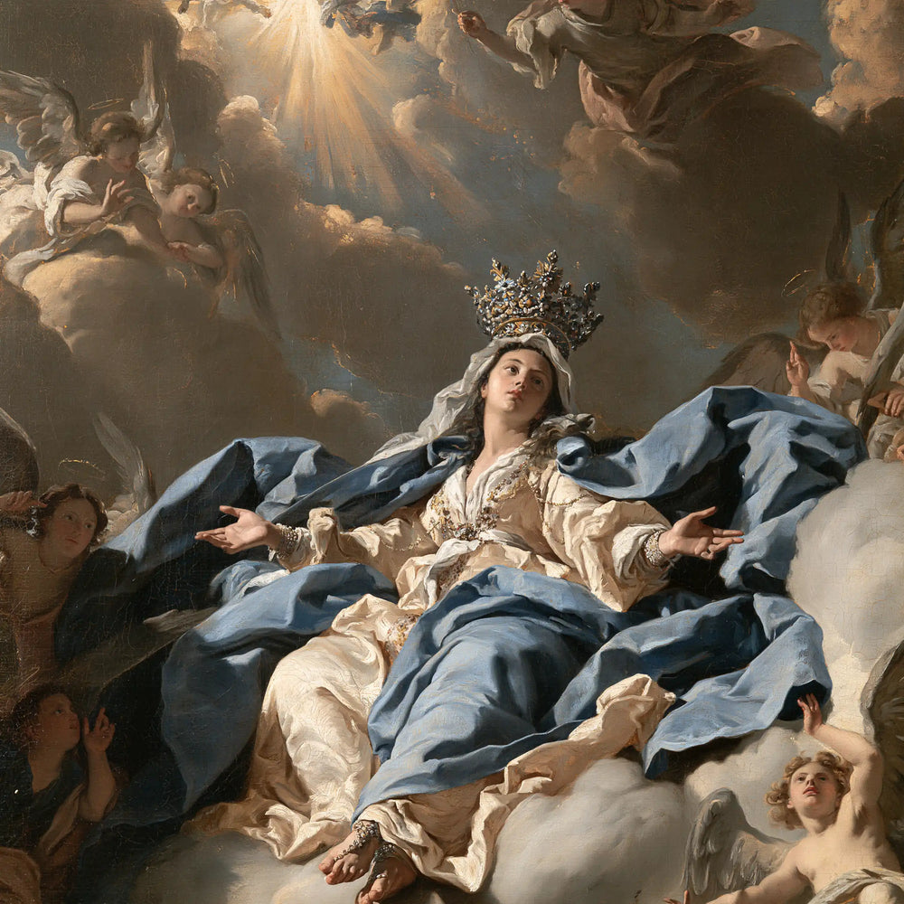 Mary enthroned as Queen of Heaven in a theatrical Baroque scene in Theatrical Baroque style, square Christian artwork no. 5