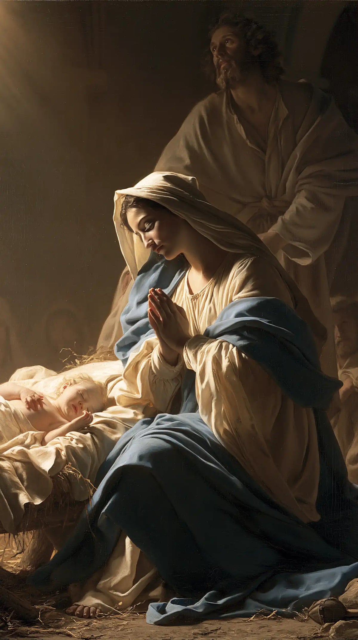 The Nativity — Reverence in Sweeping Blue Folds