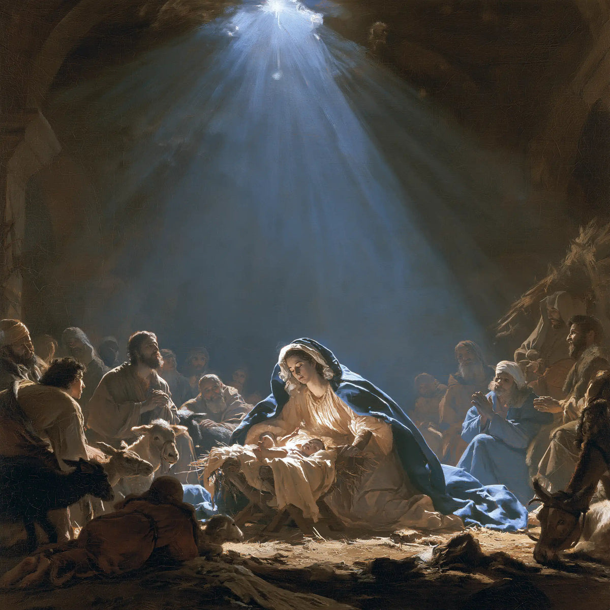 The Nativity — Tenderness Beneath the Great Blue Beam