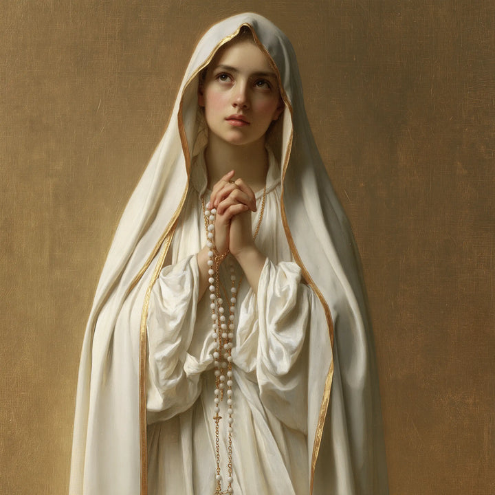 Our Lady of Fatima – Eyes Raised in Golden Light