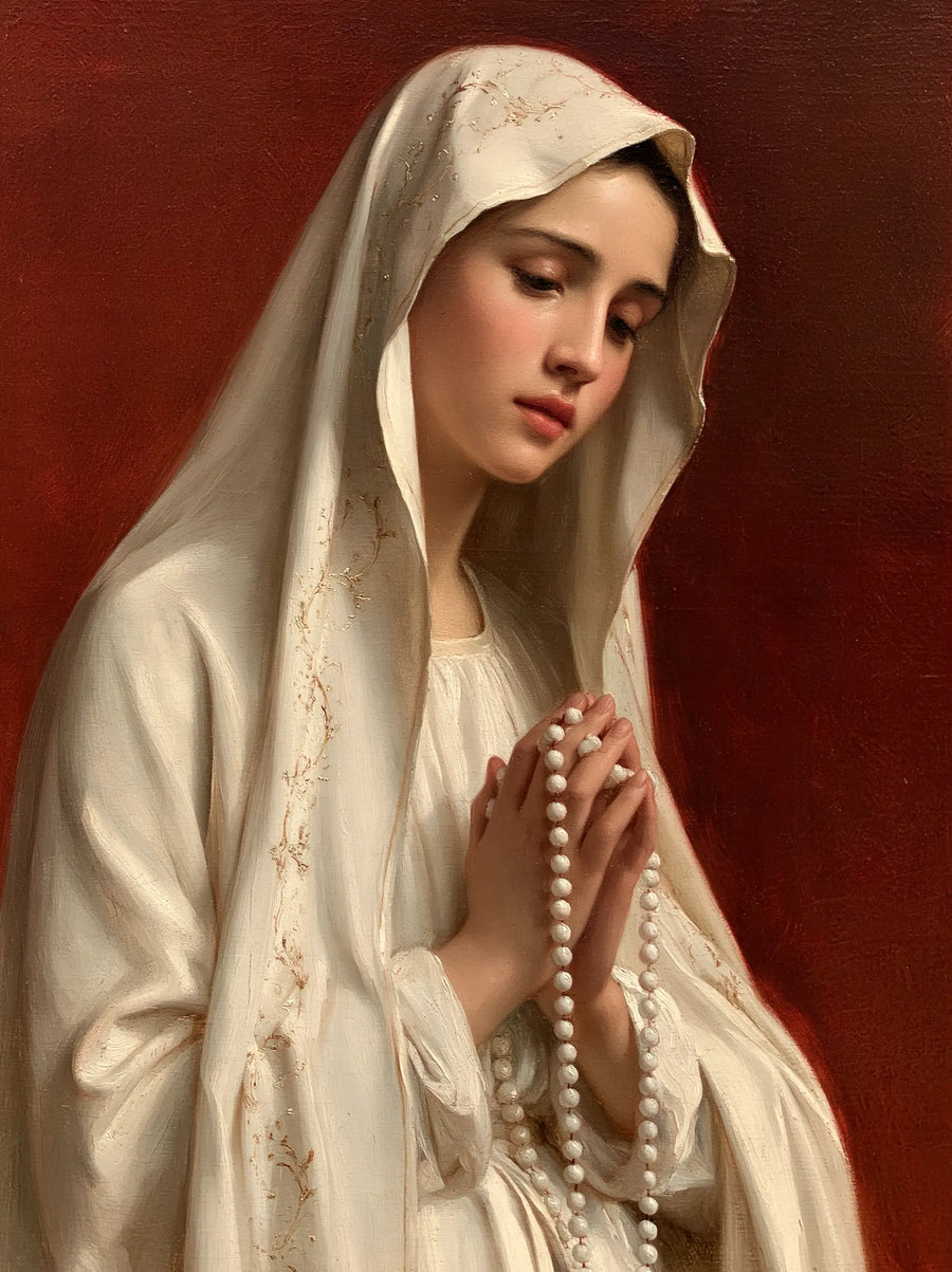 Our Lady of Fatima – White Veil Against Cardinal Red