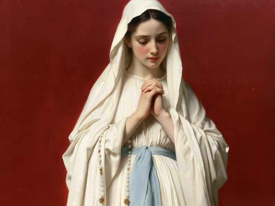 Our Lady of Lourdes – Quiet Gaze Before the Red Ground