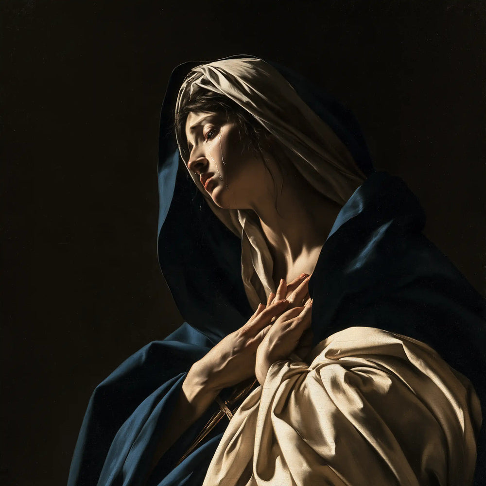 Our Lady of Sorrows in dramatic chiaroscuro in Caravaggio Tenebrism style, square Christian artwork no. 1