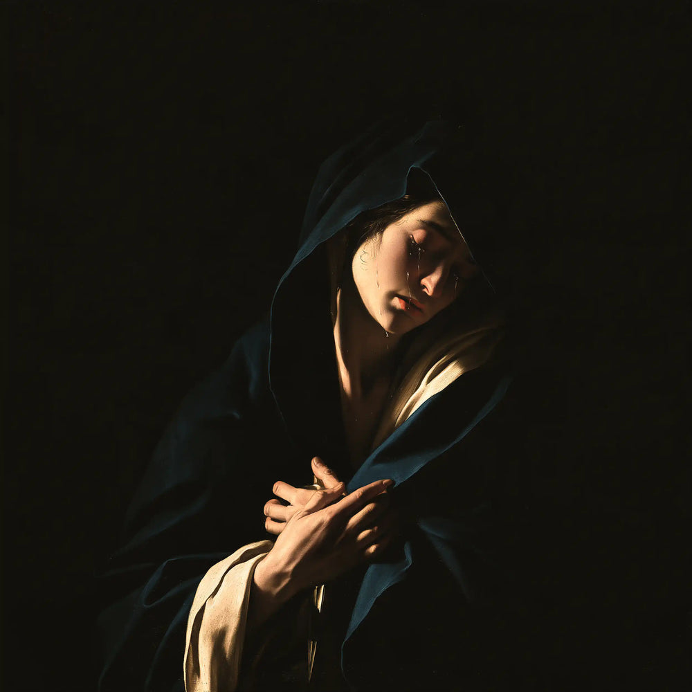 Our Lady of Sorrows in dramatic chiaroscuro in Caravaggio Tenebrism style, square Christian artwork no. 2