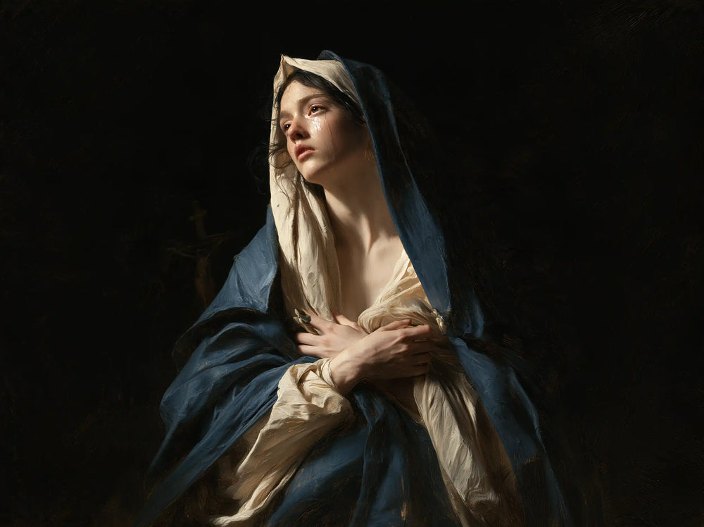 Mary as a light within sorrow in Mary as Light in Sorrow style, landscape Christian artwork no. 1