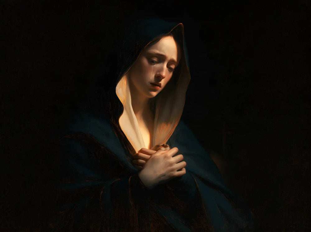 Mary as a light within sorrow in Mary as Light in Sorrow style, landscape Christian artwork no. 4