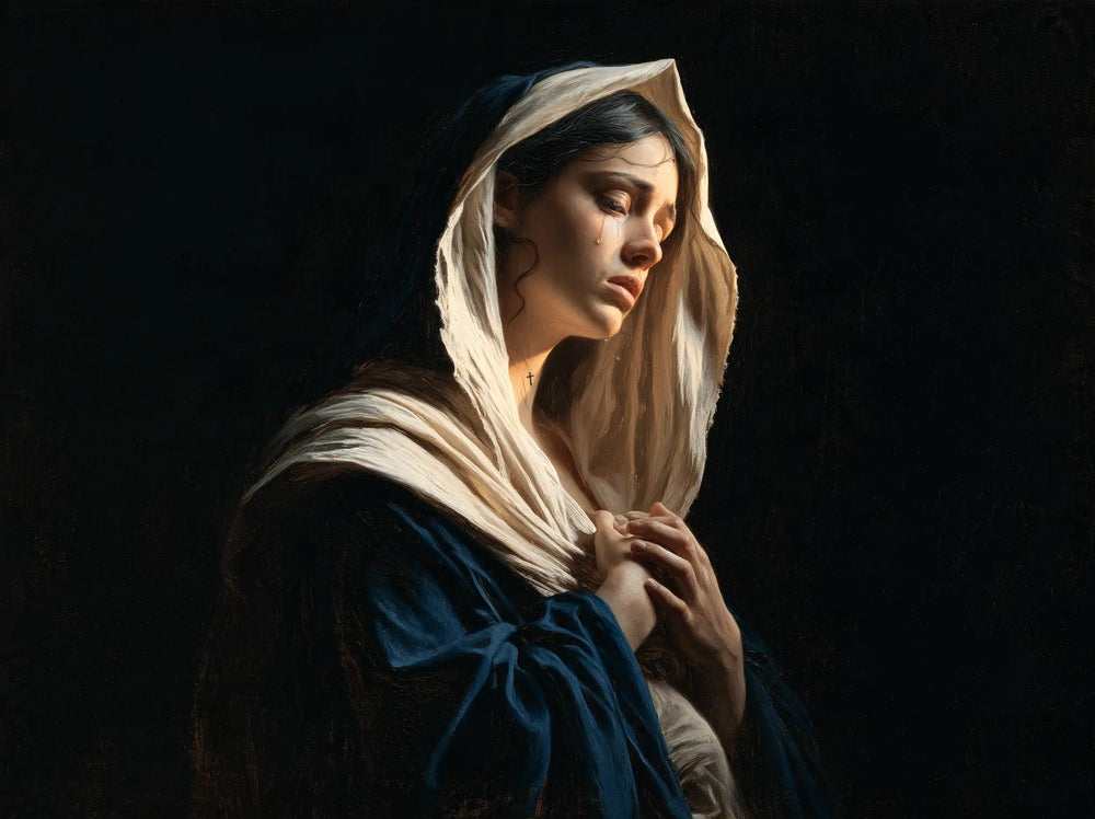 Mary as a light within sorrow in Mary as Light in Sorrow style, landscape Christian artwork no. 6
