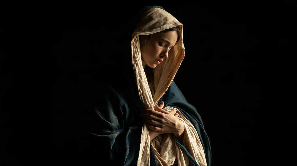 Mary as a light within sorrow in Mary as Light in Sorrow style, landscape Christian artwork no. 9