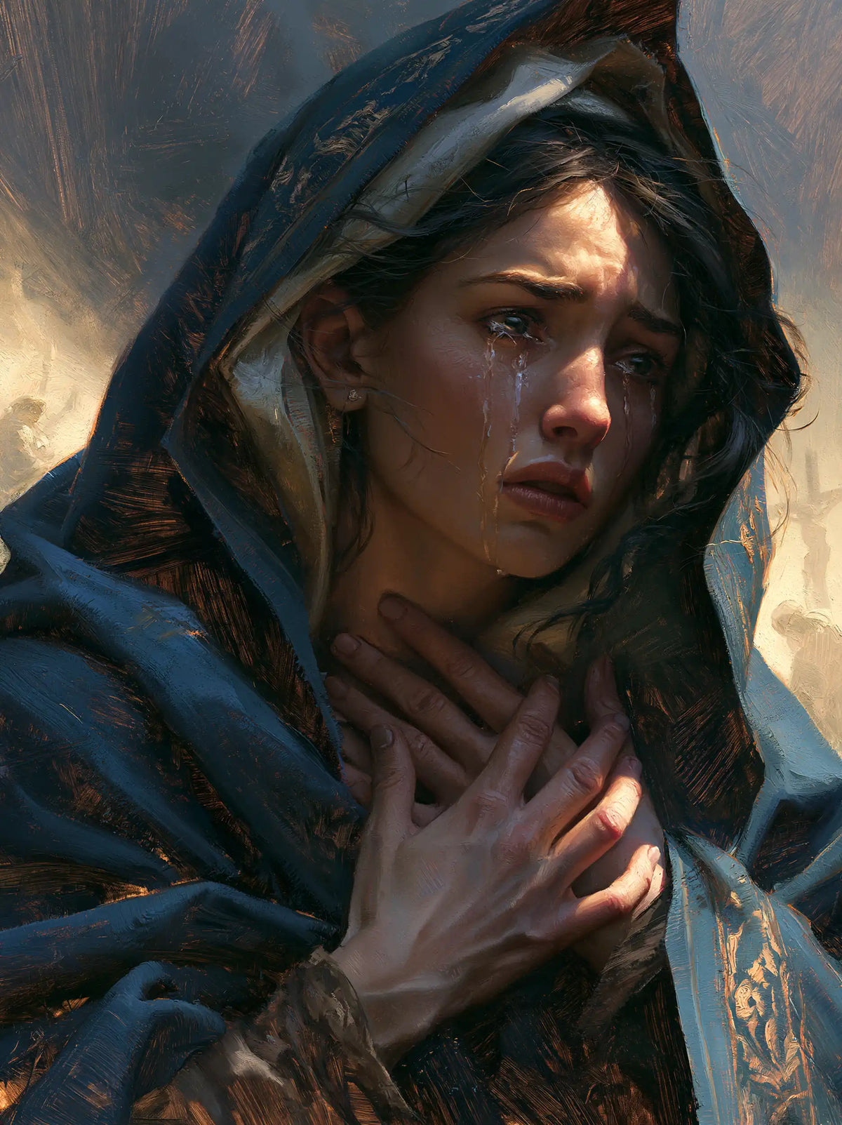 Mary experiencing profound maternal sorrow in Profound Maternal Sorrow style, portrait Christian artwork no. 12