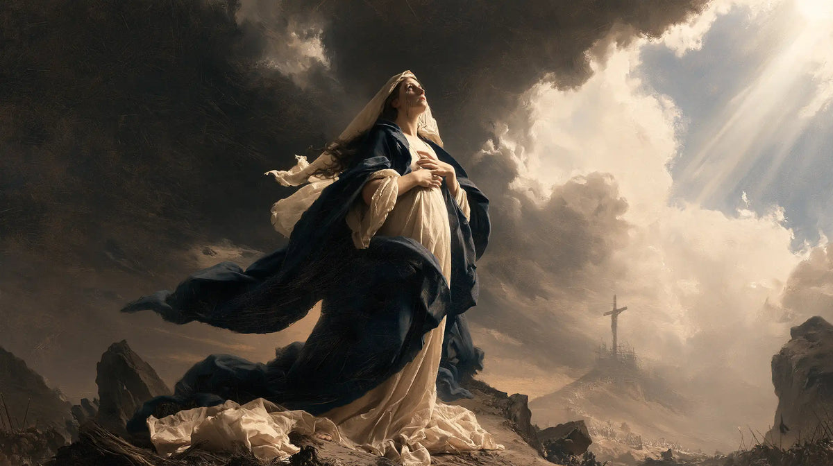 Our Lady of Sorrows in a monumental sacred view in Sacred Monumental View style, landscape Christian artwork no. 11