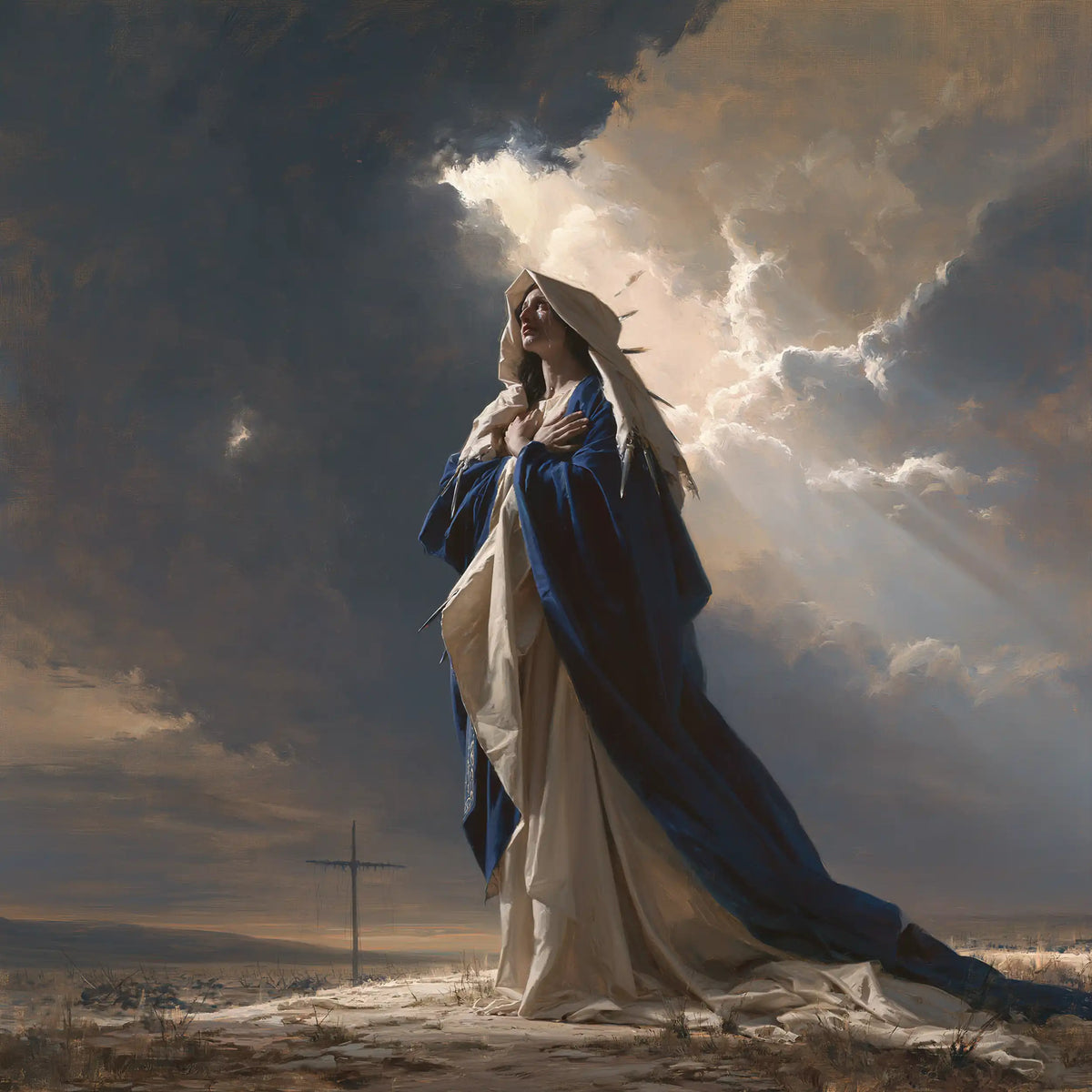 Our Lady of Sorrows in a monumental sacred view in Sacred Monumental View style, square Christian artwork no. 1