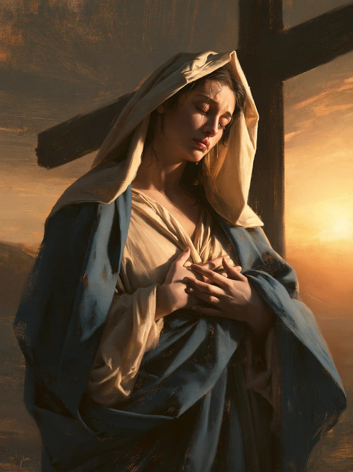 Our Lady of Sorrows between grief and hope in Sorrow and Hope style, portrait Christian artwork no. 14