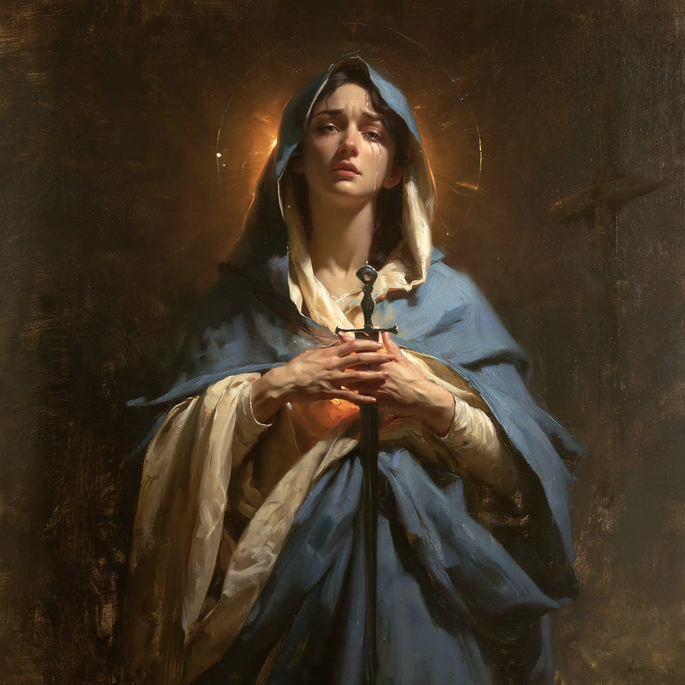 Our Lady of Sorrows with the Sword of Simeon in The Sword of Simeon style, square Christian artwork no. 5