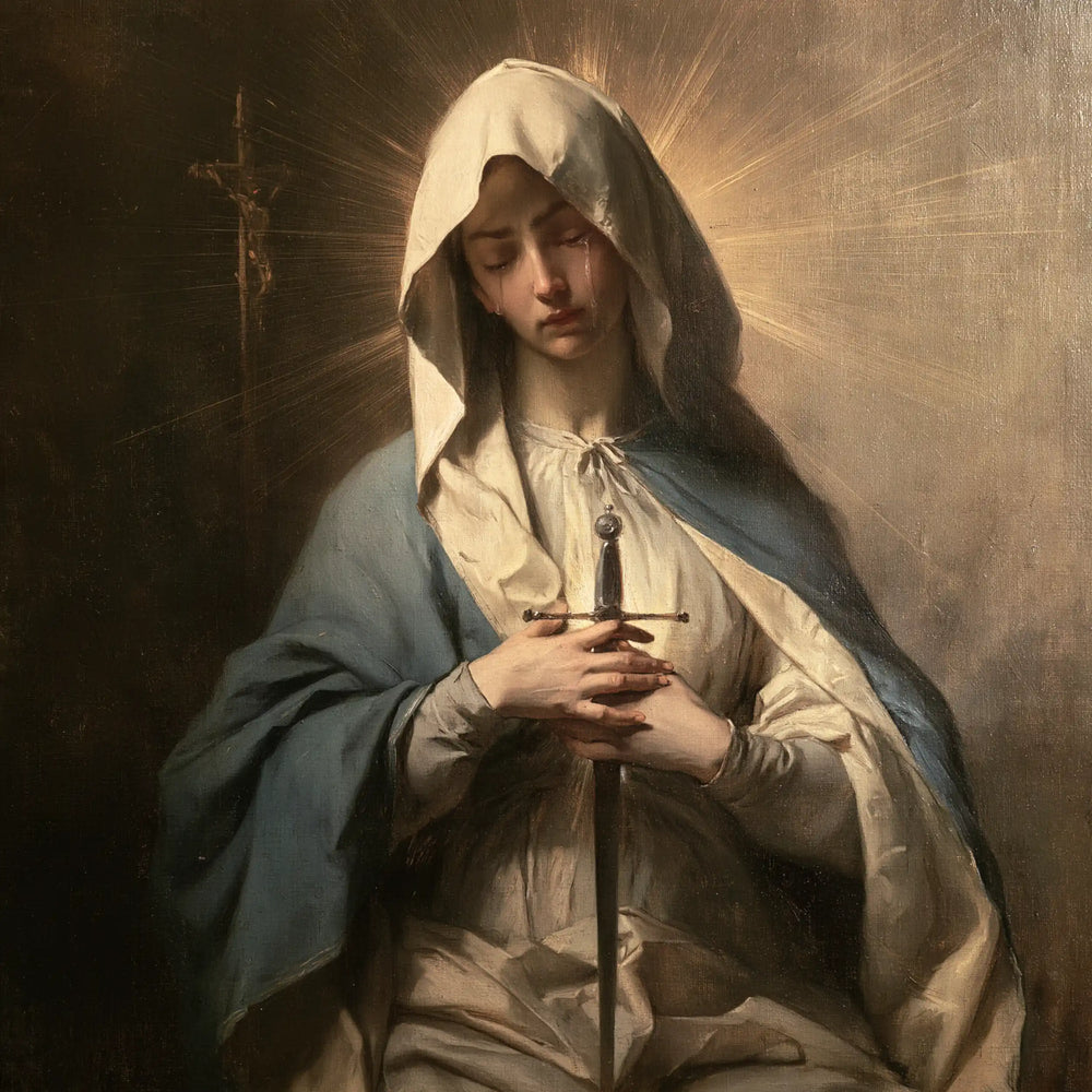 Our Lady of Sorrows with the Sword of Simeon in The Sword of Simeon style, square Christian artwork no. 8